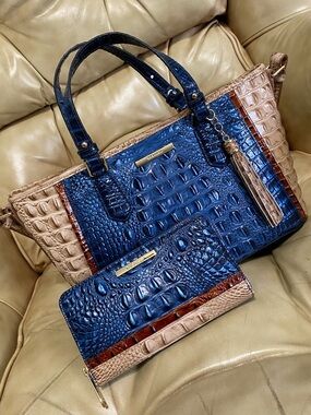 LKNW Brahmin Asher Tote & Zip Wallet Set Melbourne Leather Royal Lapis Lawrence